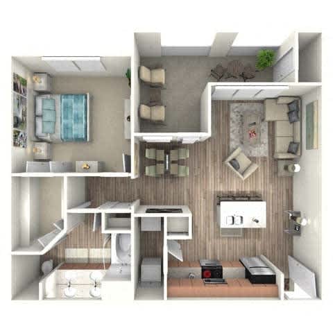 A 3D rendered image of a small apartment with a kitchen, living room, and bathroom.