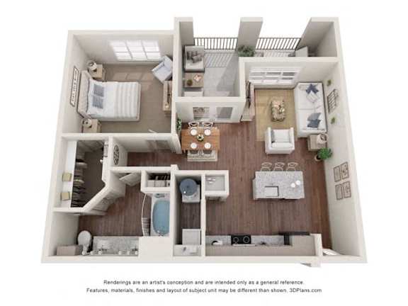 A 3D floor plan of a house with a kitchen, living room, and bathrooms.