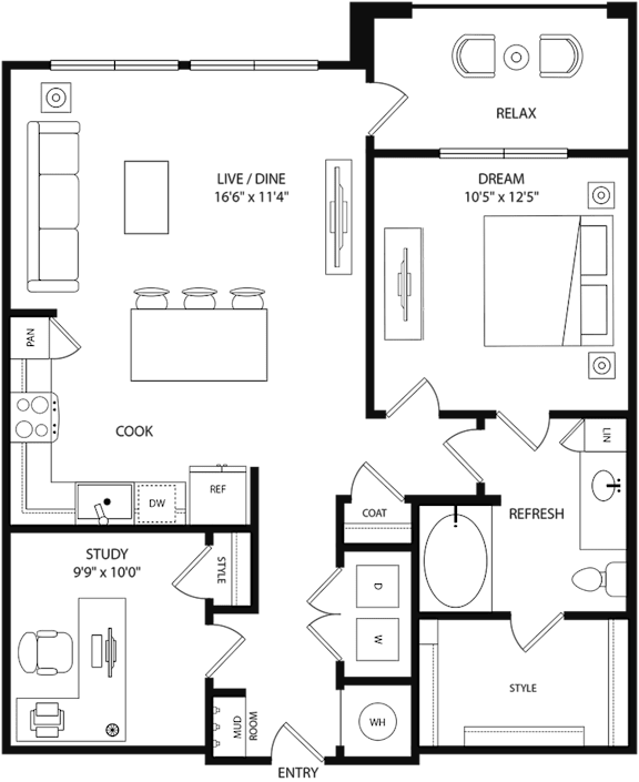 A floor plan of a house with labeled rooms such as RELAX, DREAM, and COOK.