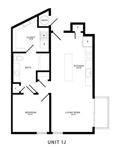 A floor plan of a small apartment with a living/dining room, kitchen, bathroom, and two bedrooms.