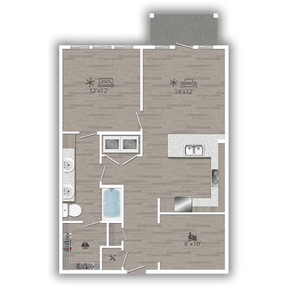 A floor plan of a house with a kitchen, living room, and bathroom.