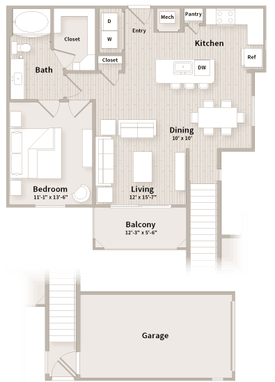 A floor plan of a house with a garage at the bottom.