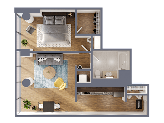 A top-down view of a house layout with a living room, two bedrooms, a kitchen, and a bathroom.