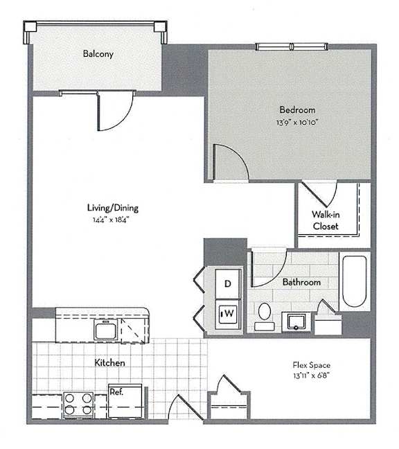 A floor plan of a home with a living area, kitchen, and bedrooms.