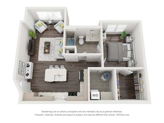 A 3D floor plan of a house with a kitchen, living room, and bathroom.