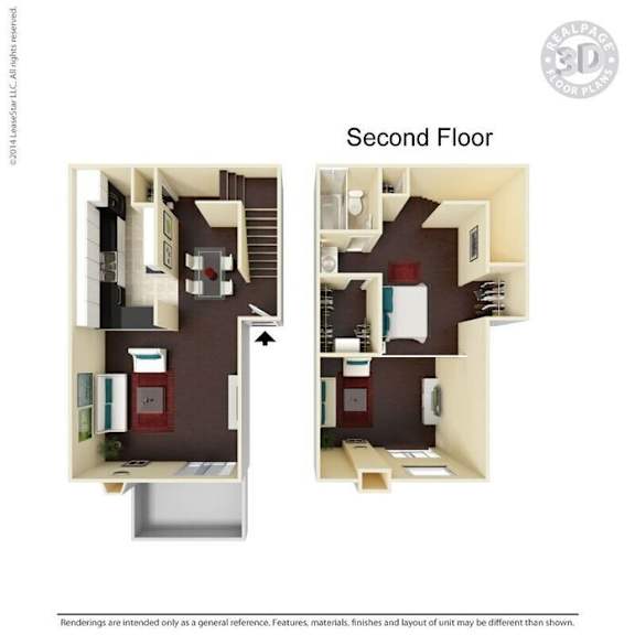A 3D floor plan of a second floor apartment layout.