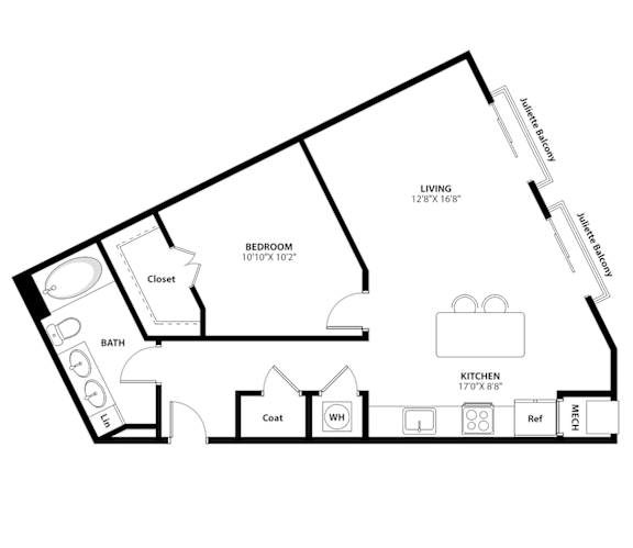 A black and white image of a house floor plan with a living room, bedroom, bathroom, kitchen, and closet.
