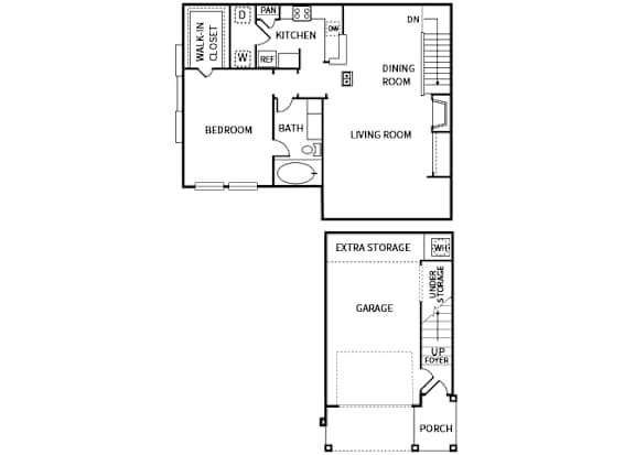 A floor plan of a house with a living room, dining room, kitchen, bedroom, bathroom, and garage.