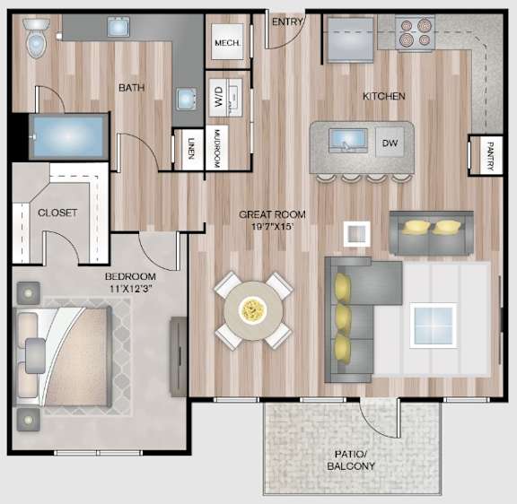 A floor plan of a house with a kitchen, bathroom, and bedroom.