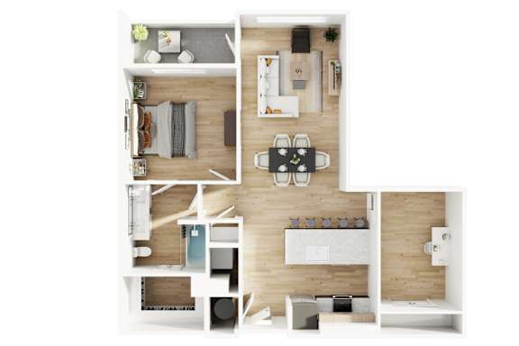 A top-down view of a modern apartment layout.