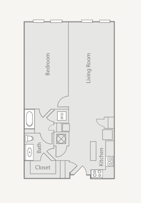A floor plan of a room with a bedroom, living room, bath, closet, and kitchen.