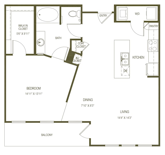 A floor plan of a house with a living room, dining room, kitchen, pantry, bathroom, bedroom, and walk-in closet.