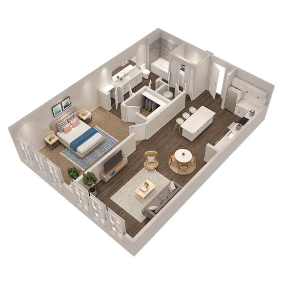 A 3D image of a small apartment with a bedroom, living room, and kitchen.