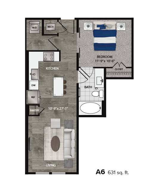 A6 631 sq. ft. floor plan of a living space.
