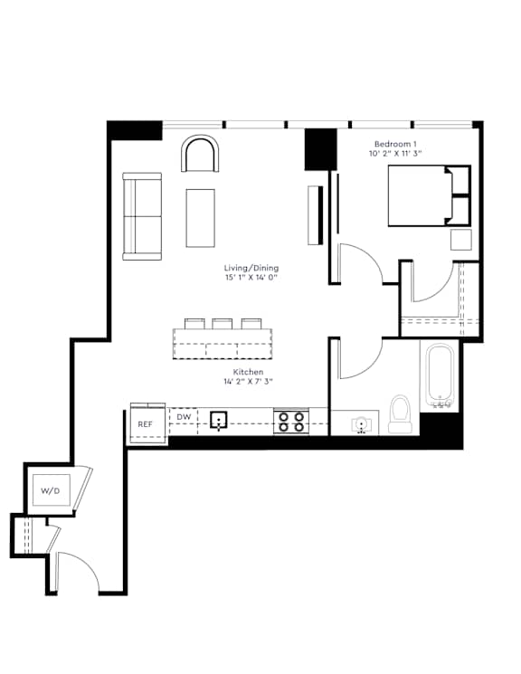 A floor plan of a small apartment with a living room, bedroom, and kitchen.