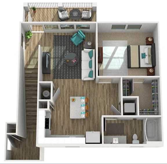 A 3D floor plan of a small apartment with a kitchen, living room, and bathroom.