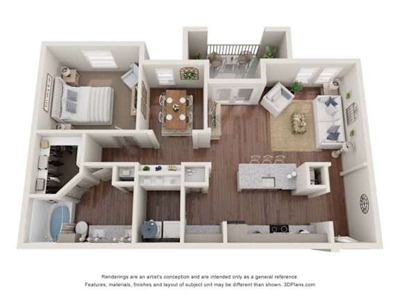 A 3D floor plan of a house with a kitchen, living room, and bedrooms.