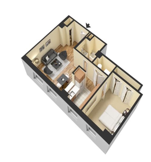 A 3D image of a house layout with a living room, dining room, kitchen, and bathroom.