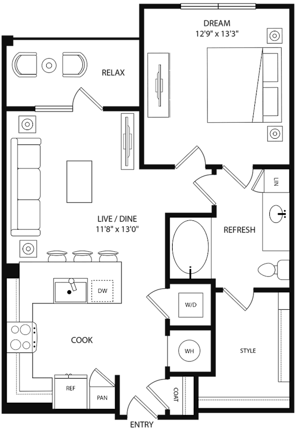 A floor plan of a house with a living room, dining room, kitchen, and bathrooms.