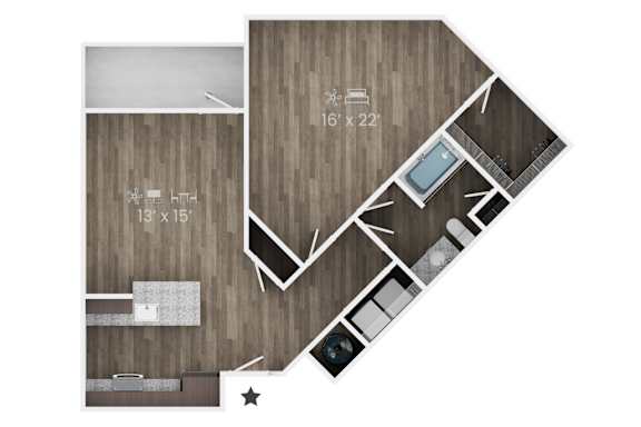 A floor plan of a room with a kitchen, living room, and bathroom.