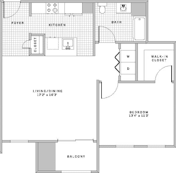 A floor plan of a small apartment with a living room, dining room, kitchen, bathroom, bedroom, and balcony.