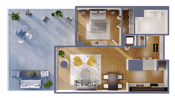 A top-down view of a modern living space with a kitchen, dining area, and bathroom.