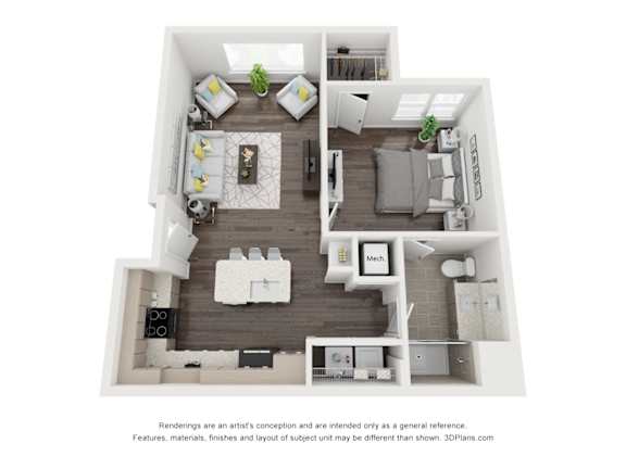 A 3D floor plan of a house with a kitchen, living room, dining room, and bathroom.