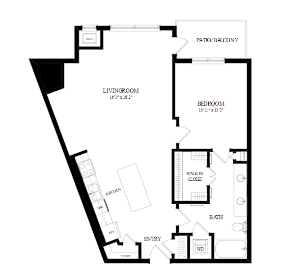 A black and white image of a house floor plan with a living room, kitchen, bath, and bedroom.
