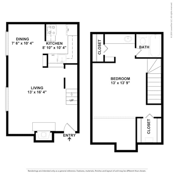 A floor plan of a home with a living room, dining room, kitchen, and two bedrooms.
