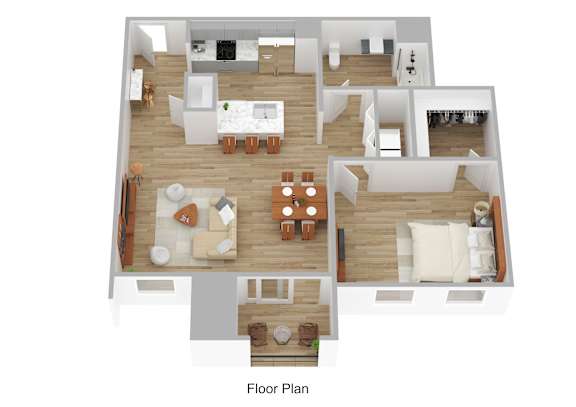 A floor plan of a house with a living room, dining room, kitchen, and bedrooms.