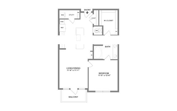 A floor plan of an apartment with a living room, bedroom, bathroom, balcony, and w/closet.