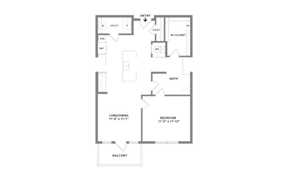 A floor plan of a small apartment with a living room, bedroom, bathroom, and balcony.