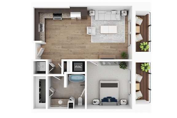 A top-down view of a modern apartment layout.