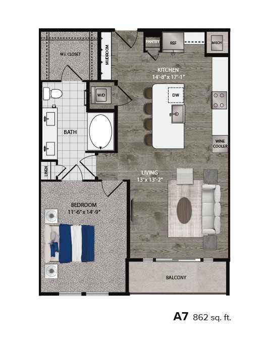 A7 862 sq. ft. floor plan of a living space.