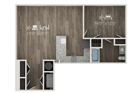 A floor plan of a room with a bathroom and a kitchen area.