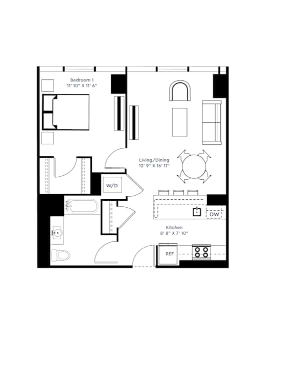 A black and white image of a floor plan for a small apartment.