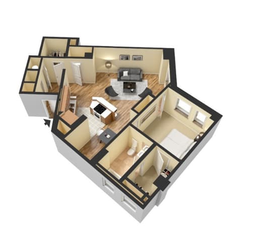 A 3D floor plan of a house with a living room, kitchen, and two bedrooms.