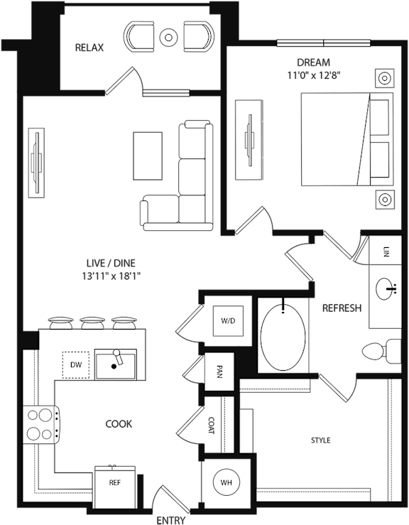 A floor plan of a house layout with a living room, dining room, kitchen, and bathrooms.