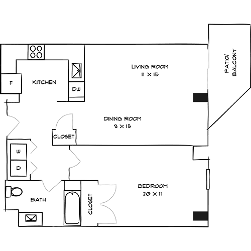 A floor plan of a house with a living room, dining room, kitchen, bedroom, and bathroom.