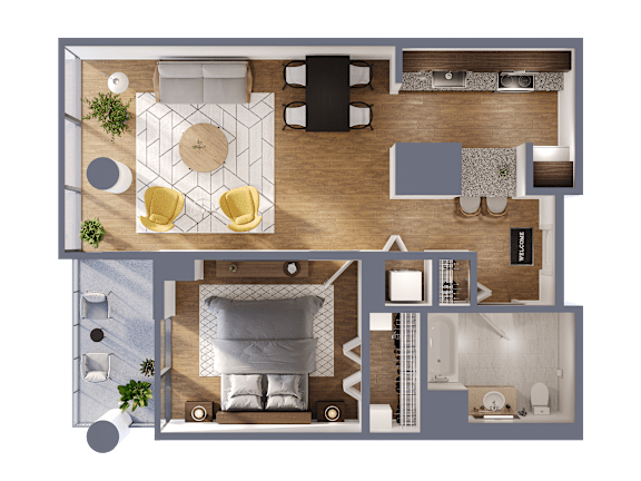 A top-down view of a modern apartment layout with a living room, dining area, kitchen, and bedrooms.