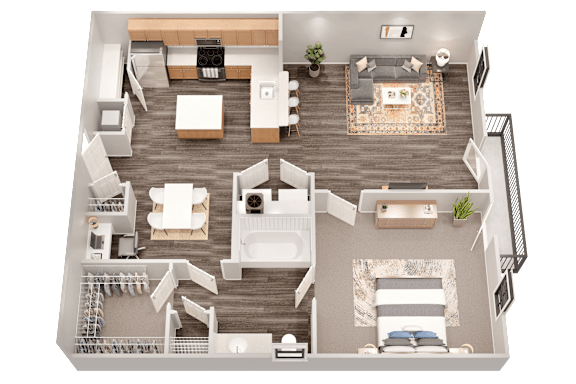 A top-down view of a well-furnished living room, kitchen, and bedroom.