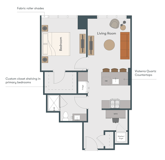 A floor plan of a living space with a living room, bedroom, and countertops.