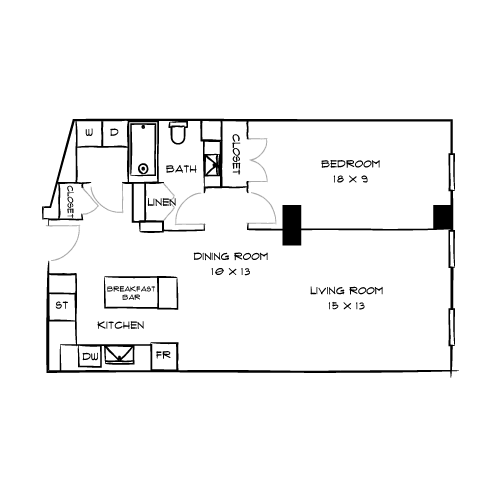A floor plan of a house with a dining room, living room, kitchen, and bedrooms.