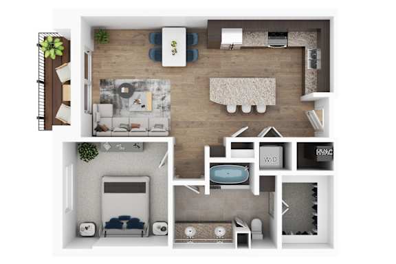 A top-down view of a small apartment layout with a living room, kitchen, and bedroom.