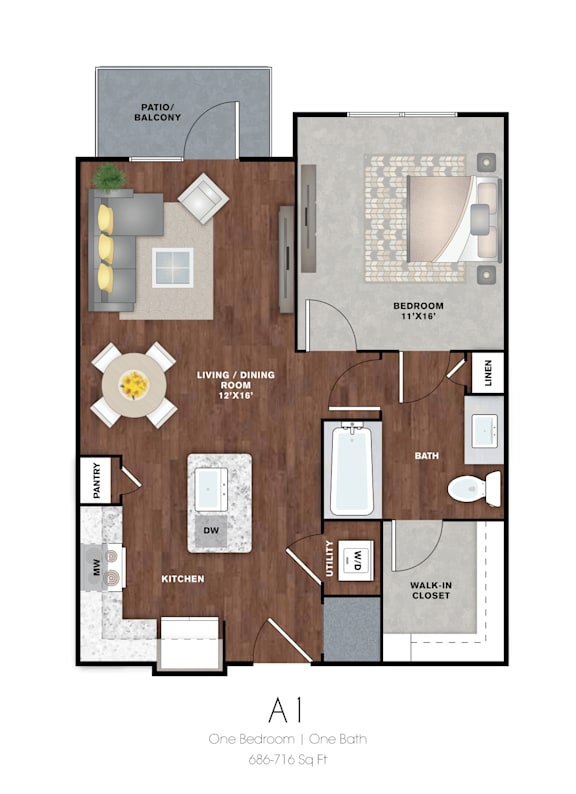 A 36 square foot apartment with one bath.