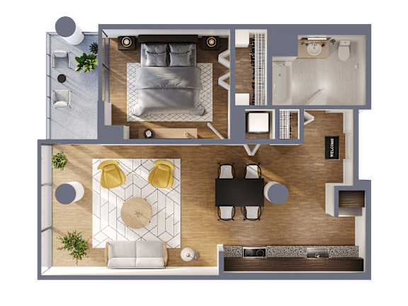 A top-down view of a living room with a dining area and kitchen.