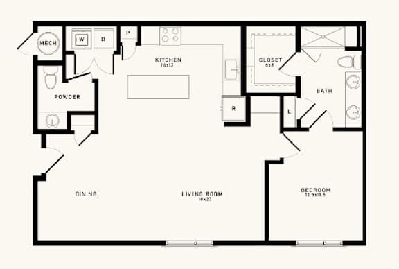 A black and white floor plan of a house with a kitchen, dining area, living room, powder room, bedroom, and closet.