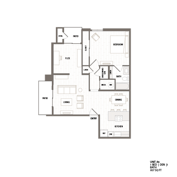 A floor plan of a one bedroom apartment with a living room, kitchen, bathroom, and bedroom.