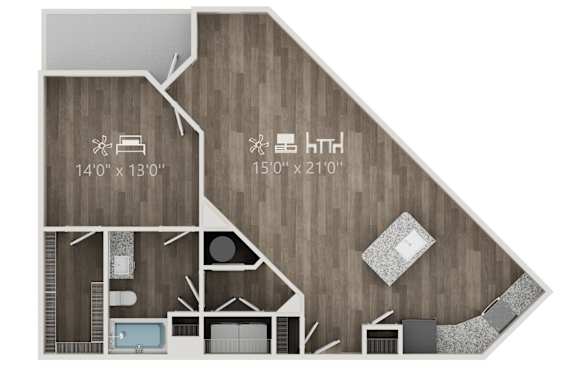 A top-down view of a living room with a dining area and kitchen.