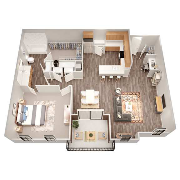 A top-down view of a modern apartment layout with a kitchen, living room, dining area, and bedrooms.